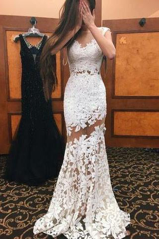 High Neck Cap Sleeves Prom Gowns,Lace ...